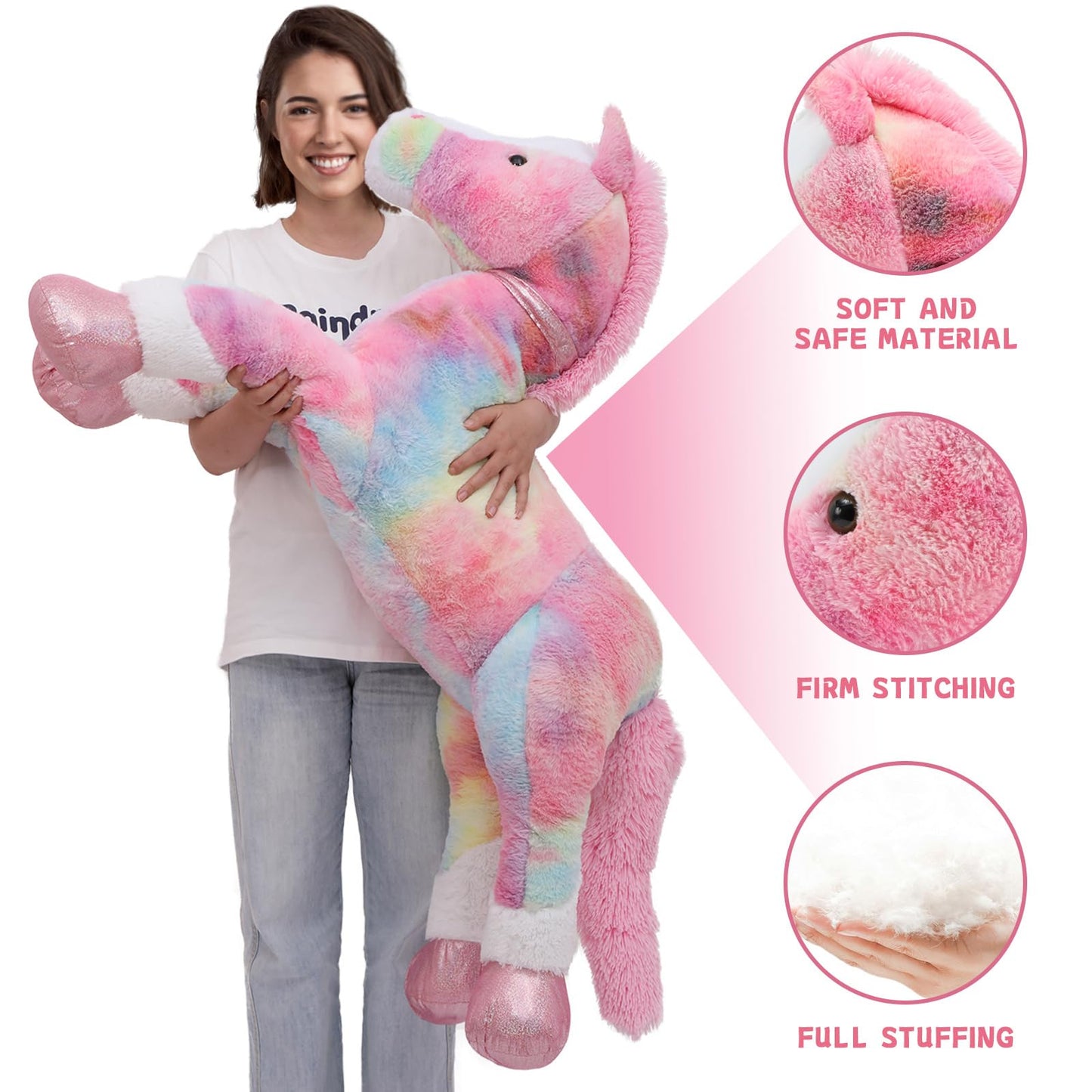 Tezituor 47 Inch Pink Tie-Dye Horse Plush Toy, Soft Stuffed Animal Pillow for Kids and Adults