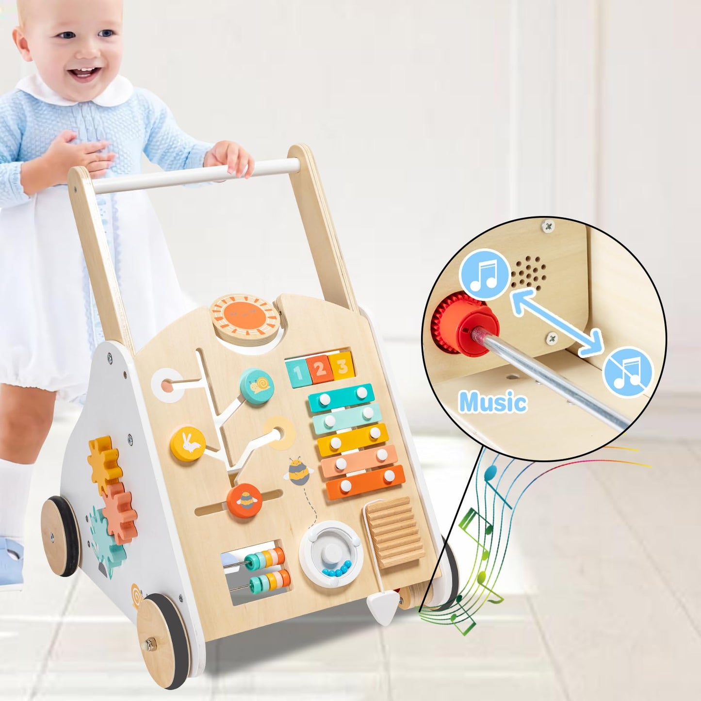 Twefex Wooden Baby Walker - Baby Push Walker With Music Box - Toddler Walker Push Toy With Adjustable Speed - Learning Activity