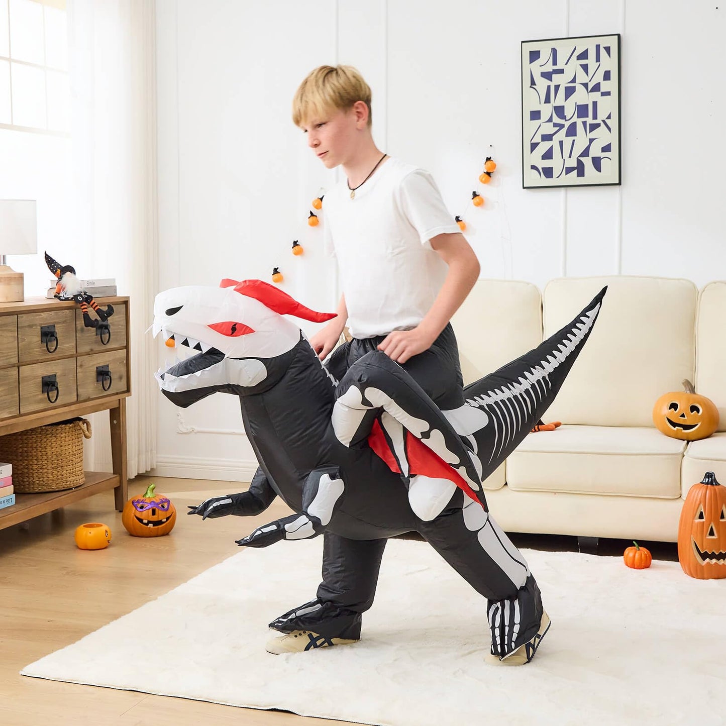 Aiwendish Halloween Skeleton Riding Inflatable Dinosaur Costume For 8 10 12 Kids Dragon Cosplay Blow Up Ride On T-Rex