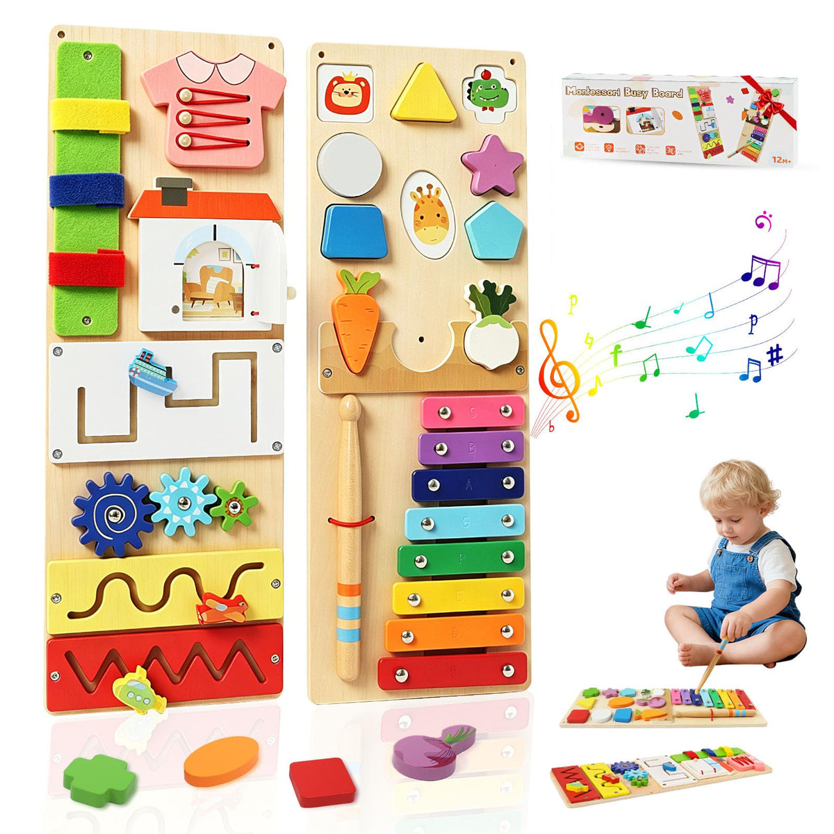 Montessori Busy Board for Toddlers 13, 2 Pcs Wooden Sensory Activity Board