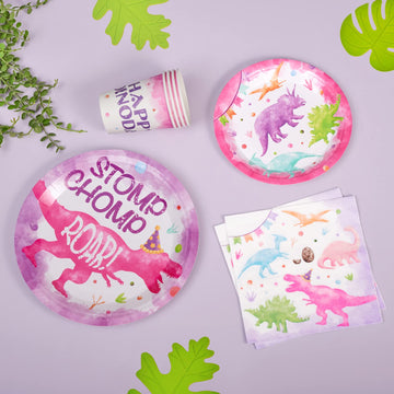 Wernnsai Watercolor Dinosaur Party Tableware Set - 64 Pcs Dinosaur Birthday Party Supplies For Girls Kids Disposable Party Pack Includes Dinner Dessert Cake Plates Napkins Paper Cups Serves 16 Guests