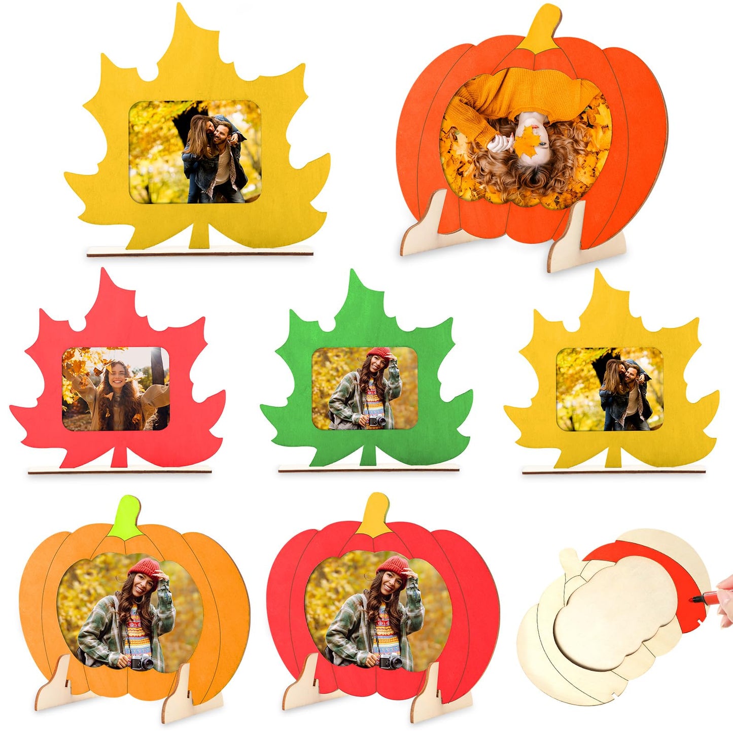 Geelin 12 Pack Thanksgiving DIY Picture Frame Craft Kits Wooden Pumpkin Maple Leaf Photo Frames Bulk Fall Thanksgiving Crafts fo