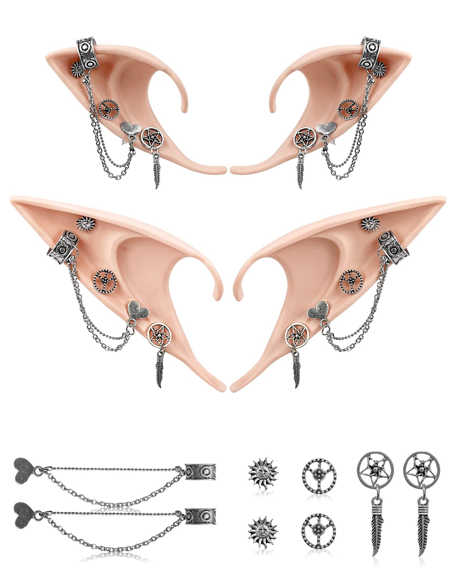 3Pcs Elf Ears With Piercings Earrings Halloween Fairy Ears Soft Pointed Elf Ears With Chains For Renaissance, Fairy, Elf, Vampir