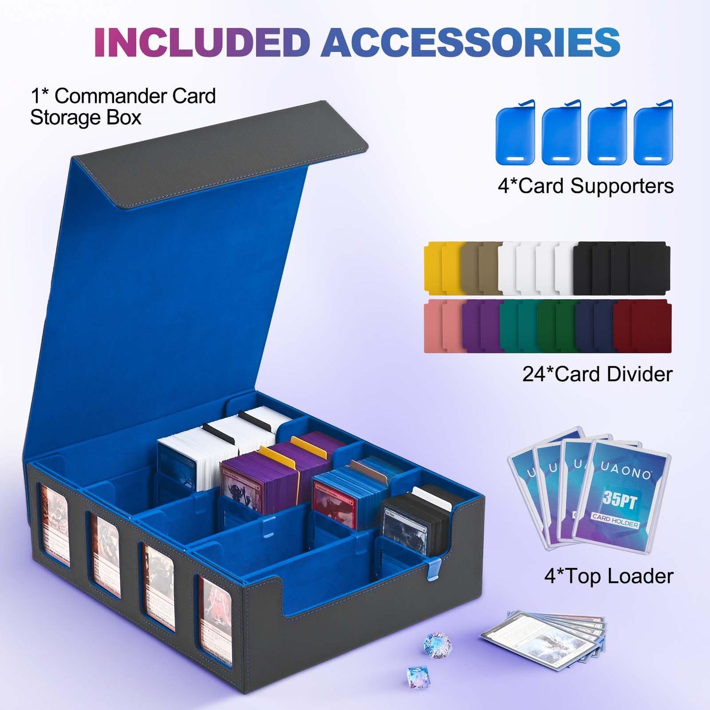 Uaono Trading Card Storage Box With Commander Display; 2400+ Deck Box For Mtg With Removable Cover; Toploader Card Case Fits Magic Tcg Ptcg Sports Cards; 24 Dividers, 4 Stoppers (Black, Blue)