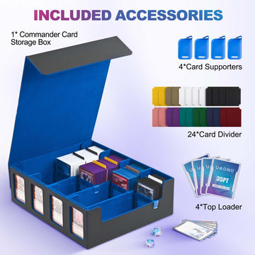Uaono Trading Card Storage Box With Commander Display; 2400+ Deck Box For Mtg With Removable Cover; Toploader Card Case Fits Magic Tcg Ptcg Sports Cards; 24 Dividers, 4 Stoppers (Black, Blue)
