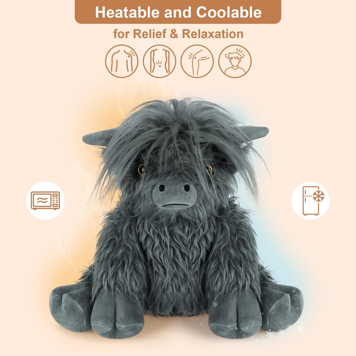 SuzziPals Highland Cow Plush - Heatable & Coolable, Lavender Scented, Black Polyester Stuffed Animal for Stress Relief