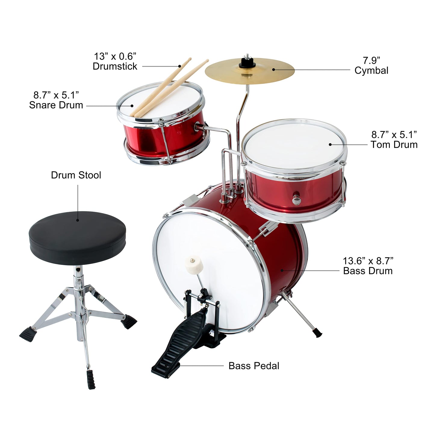 Cb Sky 13 Inch 5-Piece Kids/Junior Drum Set/Beginner (Standard) /Kids Musical Toys, Musical Instrument (Red)