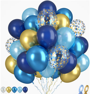 Biapian 60 Pcs Dark Blue Gold Balloons, 12 Inch Latex Balloons For Party Decorations, Unisex Unique Blue Gold Confetti Balloons,