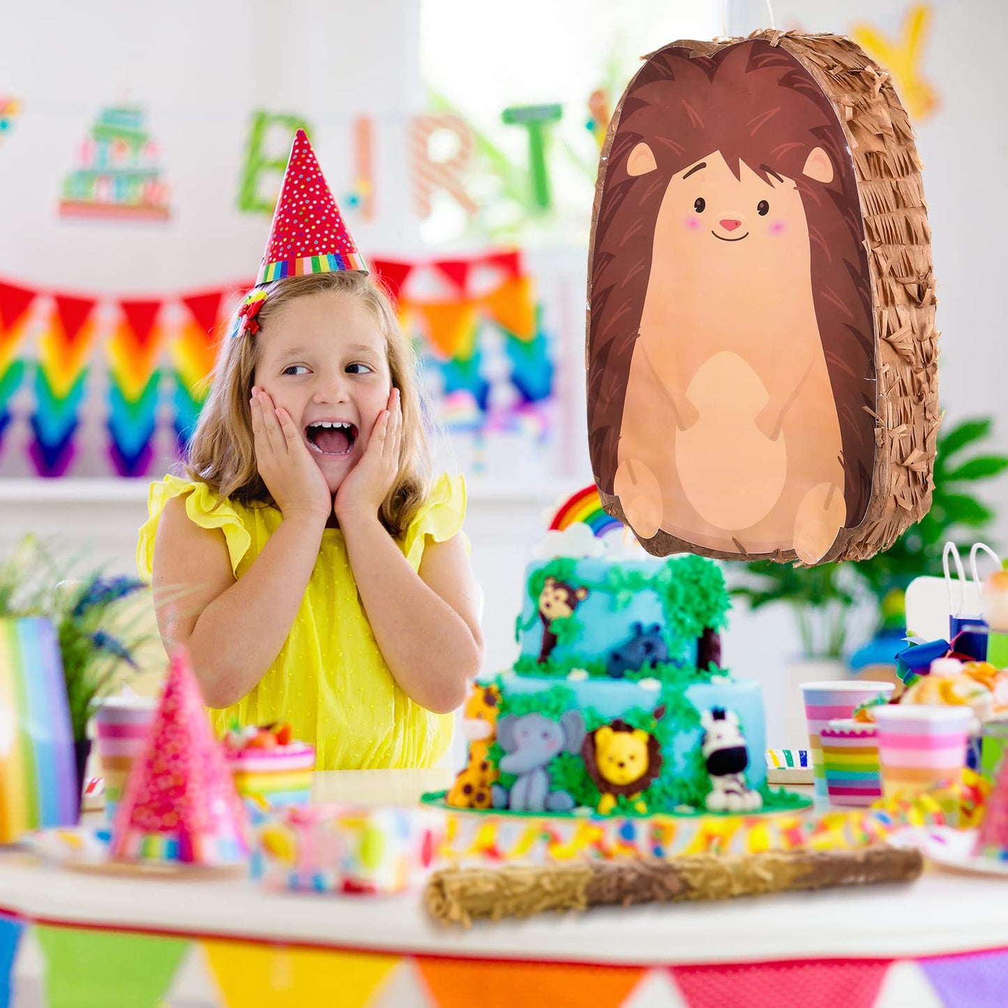 Piñata Bundle With A Blindfold And Bat (16 X 12 X 3 Inches), Cute Animal Piñata For Girls Boys Kids Birthday Party Toys Decoration For Animal Theme Birthday Party Game Supplies Photo Prop(Hedgehog)