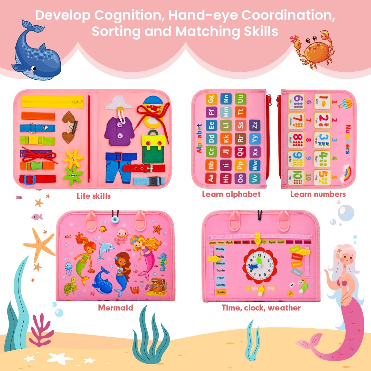 Silouka Preschool Learning Board For Toddlers 2-4, Montessori Busy Books For 1-4 Years, Sensory Busy Board For Travel Gift (Merm