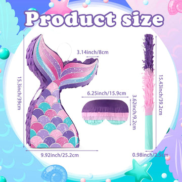 Mermaid Tail Pinata Glitter with Paper Can Stick and Eye Mask Mermaid Birthday Party Decoration Mermaid Pinata Game Girls Kids C