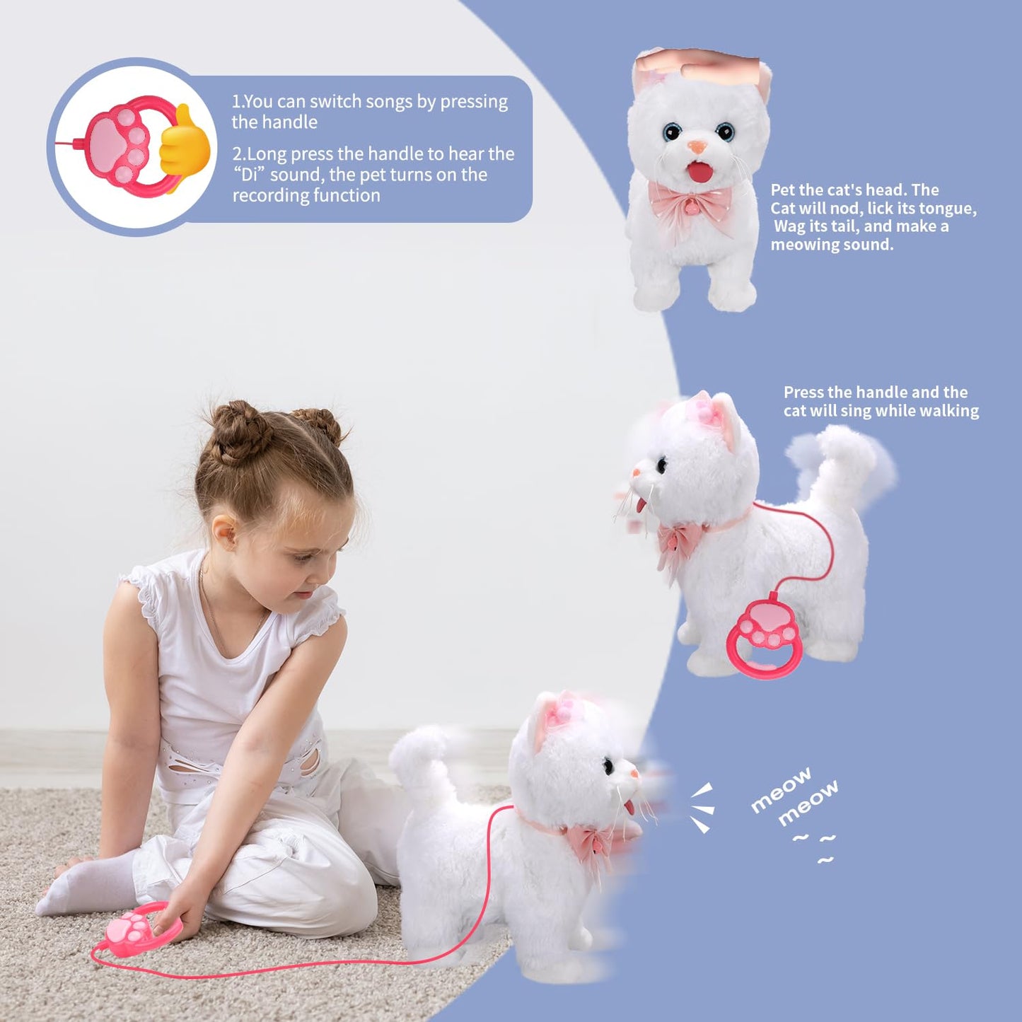 ZGZBLOCK Plush Toy Cat for Kids with Remote Control Leash Interactive Electronic Pets Toys Cat Walking Tongue Out Catcall & Wagging Tail Includes Toys Cat Accessories (White Cat)