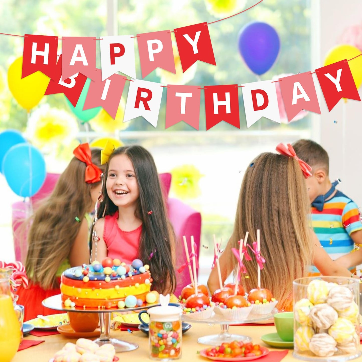 Eaezerav Happy Birthday Banner - Red Paper Bunting Sign for Kids' Parties, Tea Party, Christmas & Thanksgiving Decor