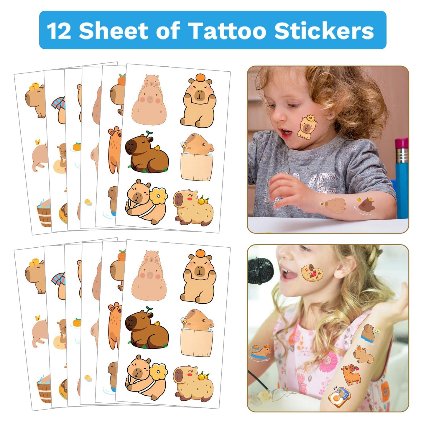Lcnjscgo 98 PCS Capybara Party Favors, Capybara Temporary Tattoos, Slap Bracelets, Keychains, Stickers, and Badges for Kids Capy