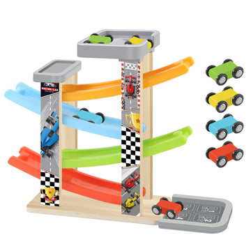 Wooden Race Track Car Ramp Toy, Montessori Car Ramp Set With 4 Mini Cars, 4 Ramps, Parking Lots - Educational Gift For Boys & Gi