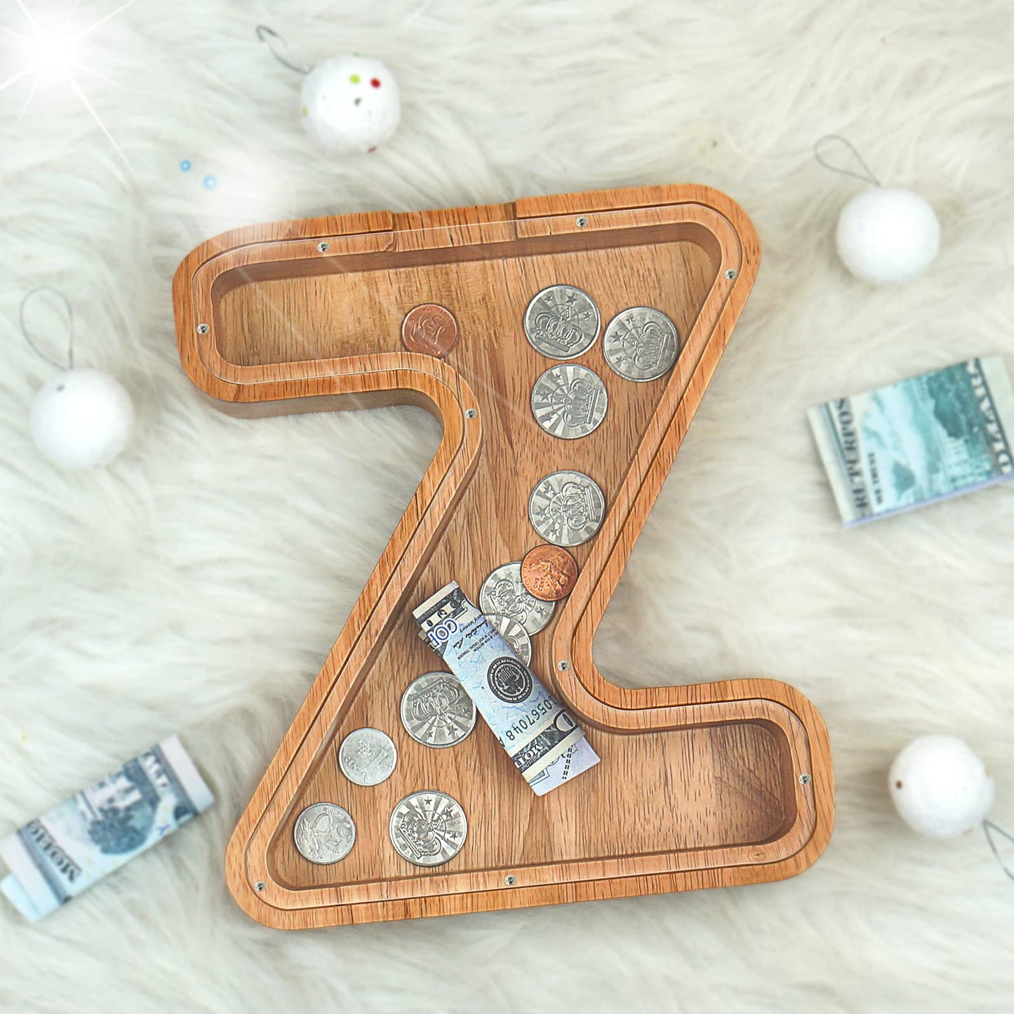 Piggy Bank For Kids Boys Girls, Large Personalized Wooden Letter Piggy Bank With Cut-Out Design, Alphabet Letter Coin Banks, Money Savings Box, Wooden Bank For Kids Creative Gift For Real-Money(Z)