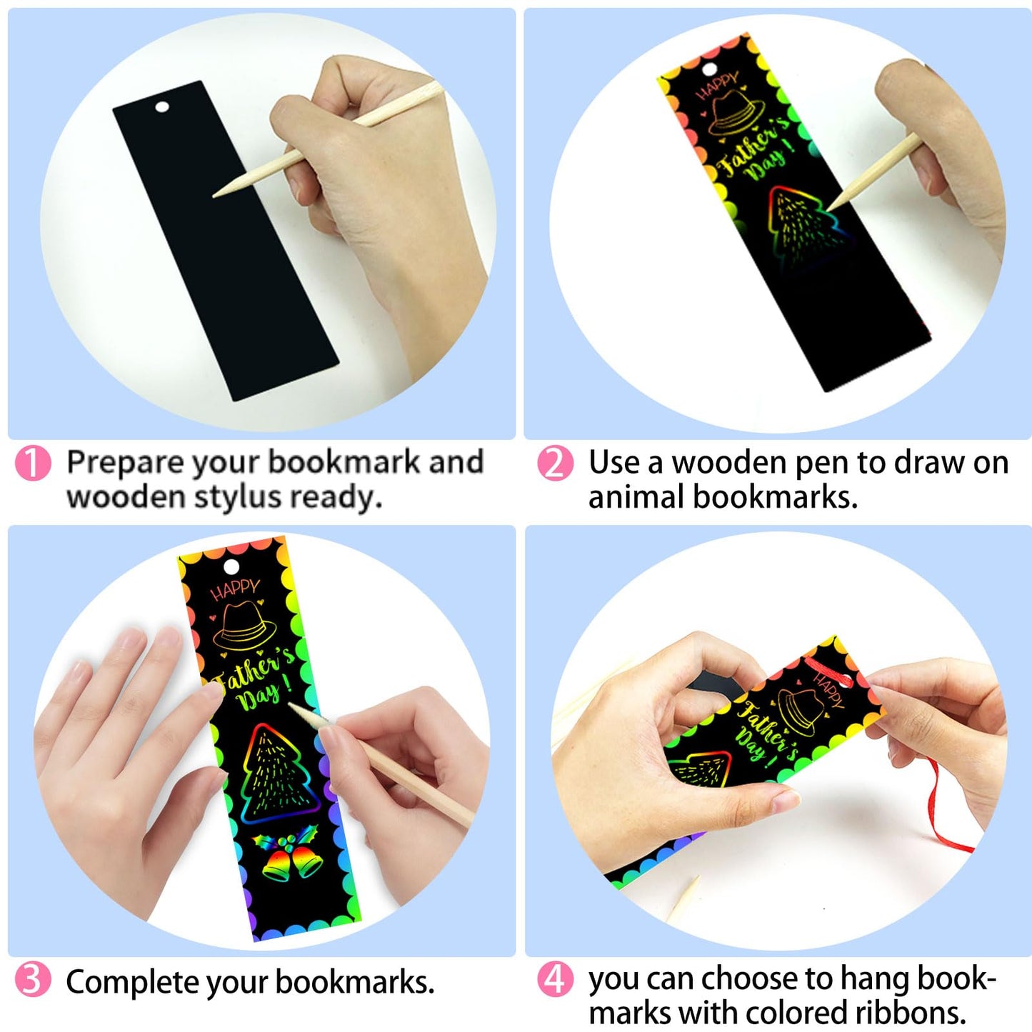 Tcvents 100 Sets Scratch Art Bookmarks Making Kit Valentine Cards for Kids, Scratch DIY Animal Bookmarks Bulk with 100 Ribbons a