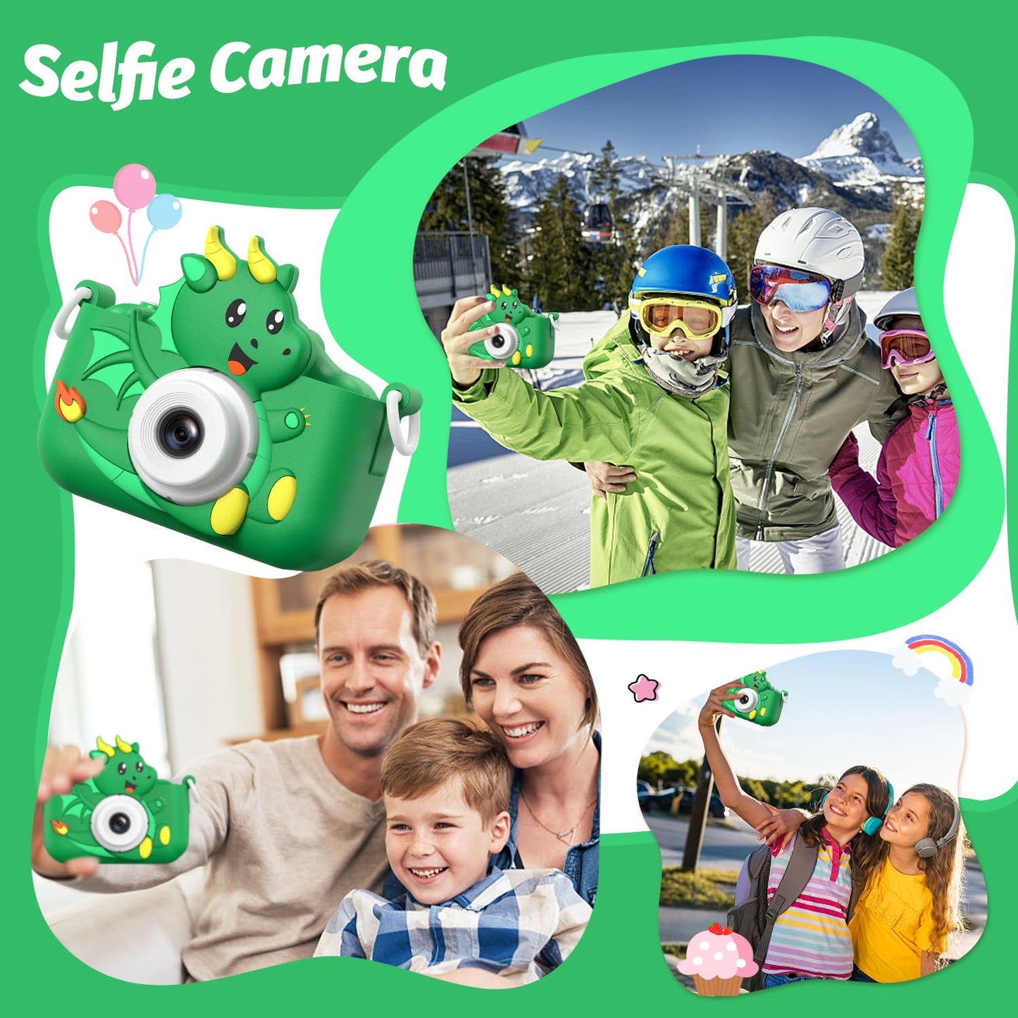 goopow Kids Selfie Camera Toy - Digital Video Camera for Girls Age 3-9, Green-H25, Small, Includes 32GB SD Card, ABS Material