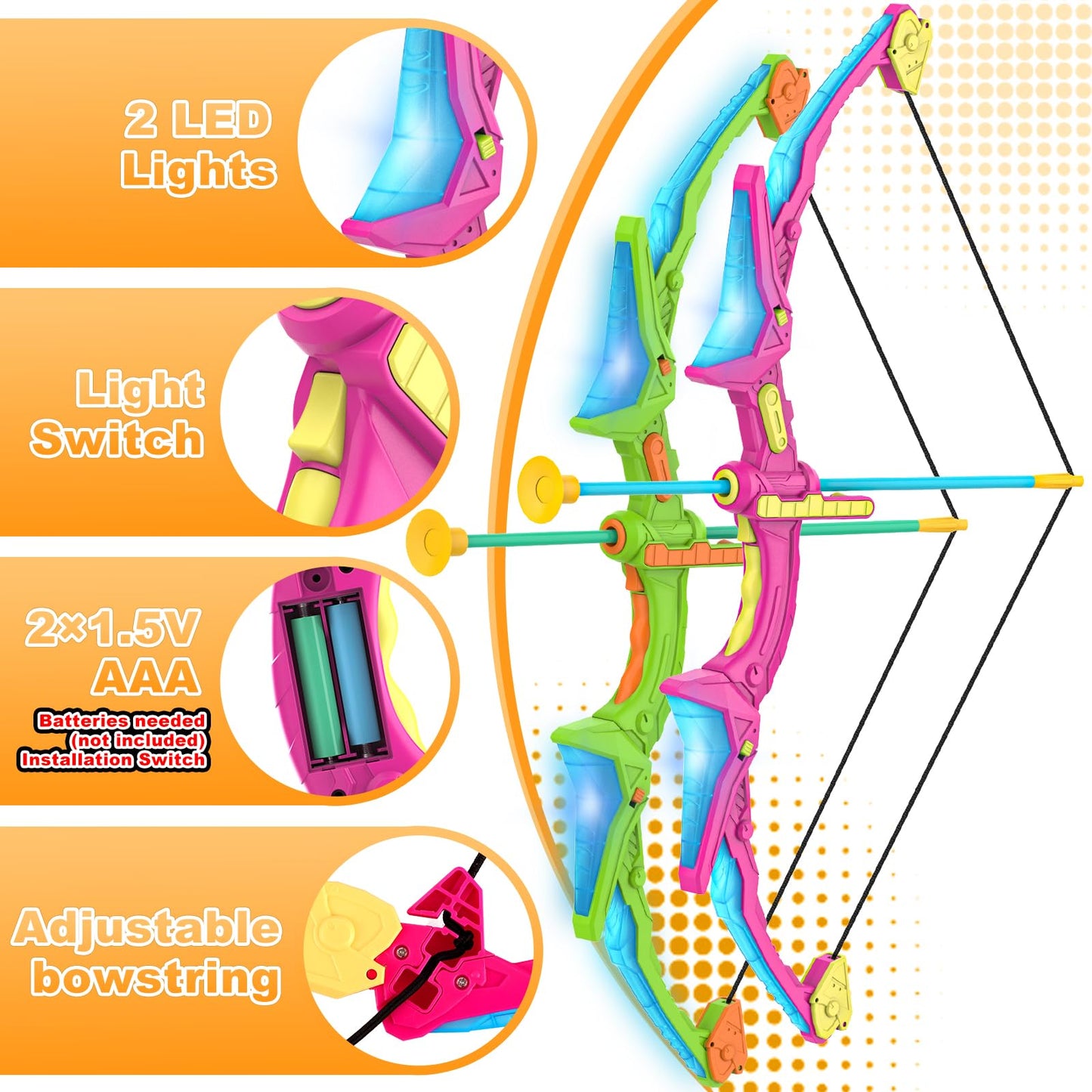 Kmuxilal 2 Pack Kids Bow And Arrow Set With Led Flash Lights, 14 Suction Cup Arrows And Standing Target-Perfect Indoor And Outdoor Archery Set Toy Gift For Boys And Girls Ages 4-12