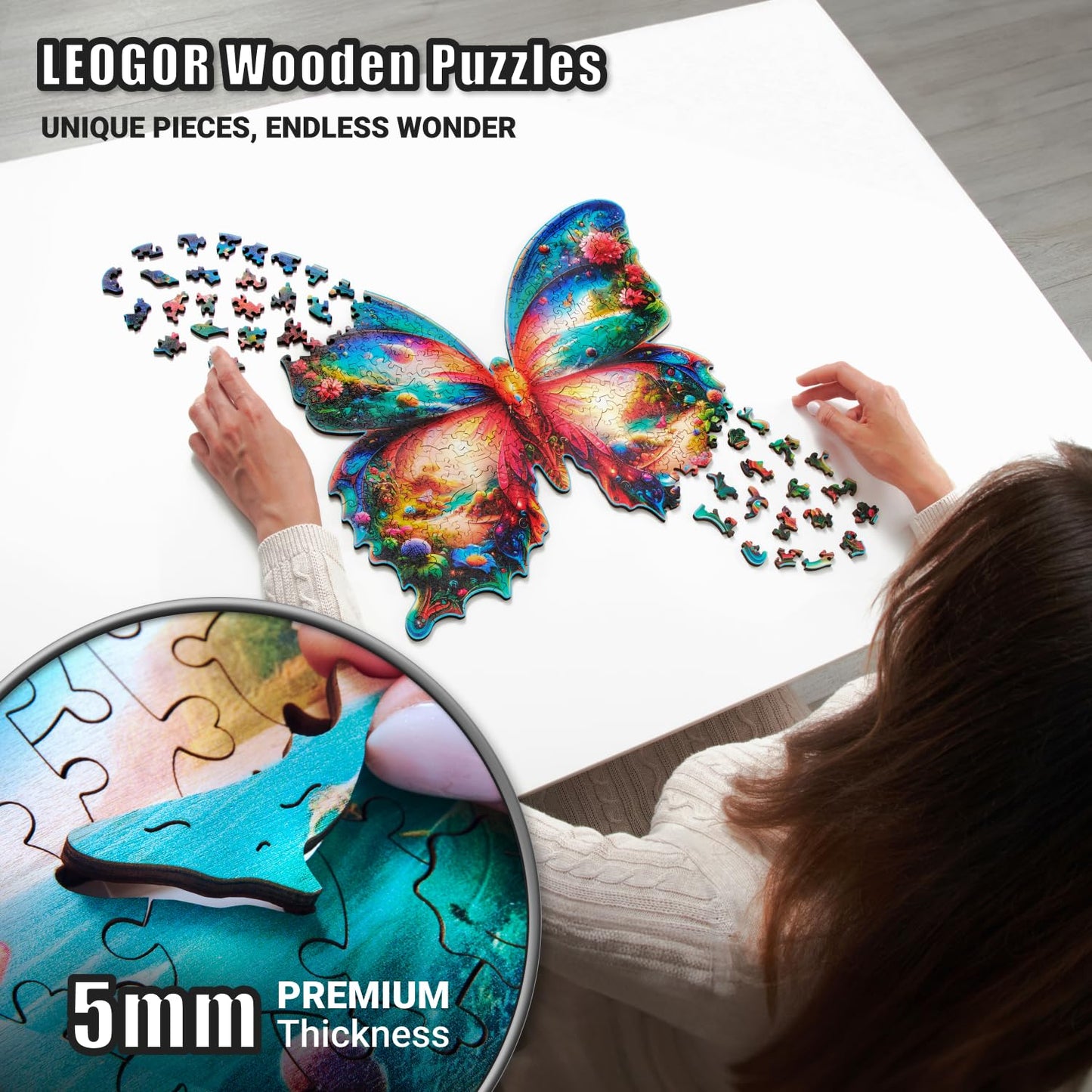Butterfly Oasis - 350 Piece Wooden Puzzles for mature-themeds - 16.1 x 15.1 in - Extra-Thick 5 mm Wood Puzzle  Hand-Shaped Pieces  Nature Life Mosaic Design - enhanced Gift for Puzzle Lovers by LEOGOR