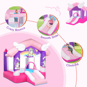 Joymor Pink Inflatable Bounce House With Slide, Unicorn Theme Princess Bounce House For Girls Outdoor And Indoor Use, Pink Bounce House For Kids 3-6 (Blower Included)