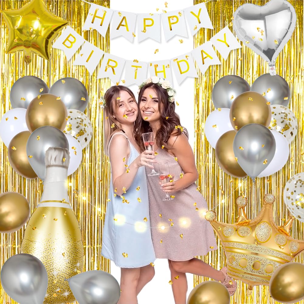 Msmancy White And Gold Birthday Decorations For Women Men 53Pcs With Happy Birthday Banner Curtains Bottle Crown Heart Star Led