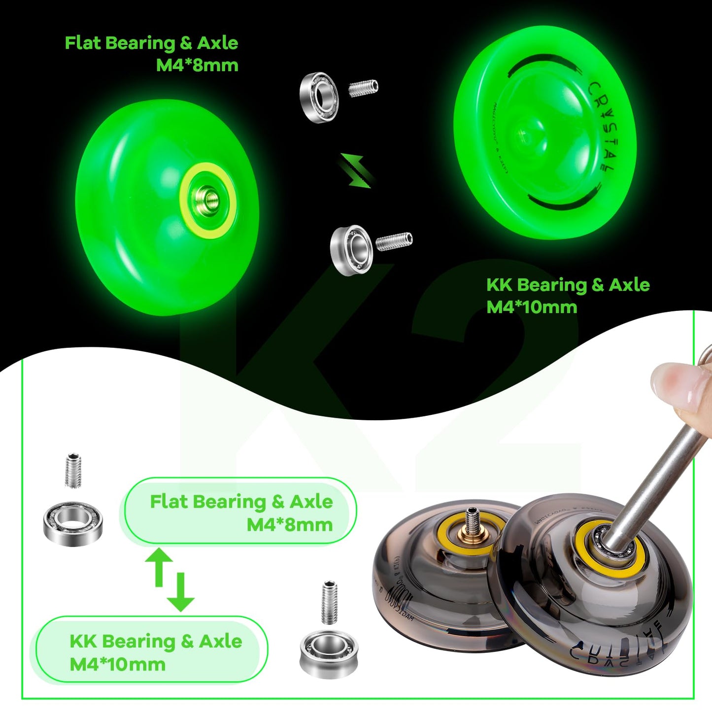 Magicyoyo Yoyo K2 Crystal Pack Of 2 Yoyos, Dual Function Responsive Yoyo For Kids Beginner + Unresponsive Yoyo Bearing Kit For A