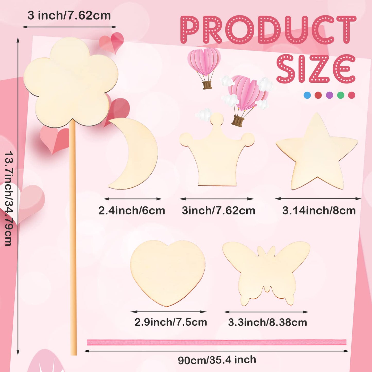 Chinco Princess Fairy Wands Kit Include Wooden Fairy Wands, Gem Stickers, Ribbons Unfinished Wooden DIY Magical Crafts Moon Butt