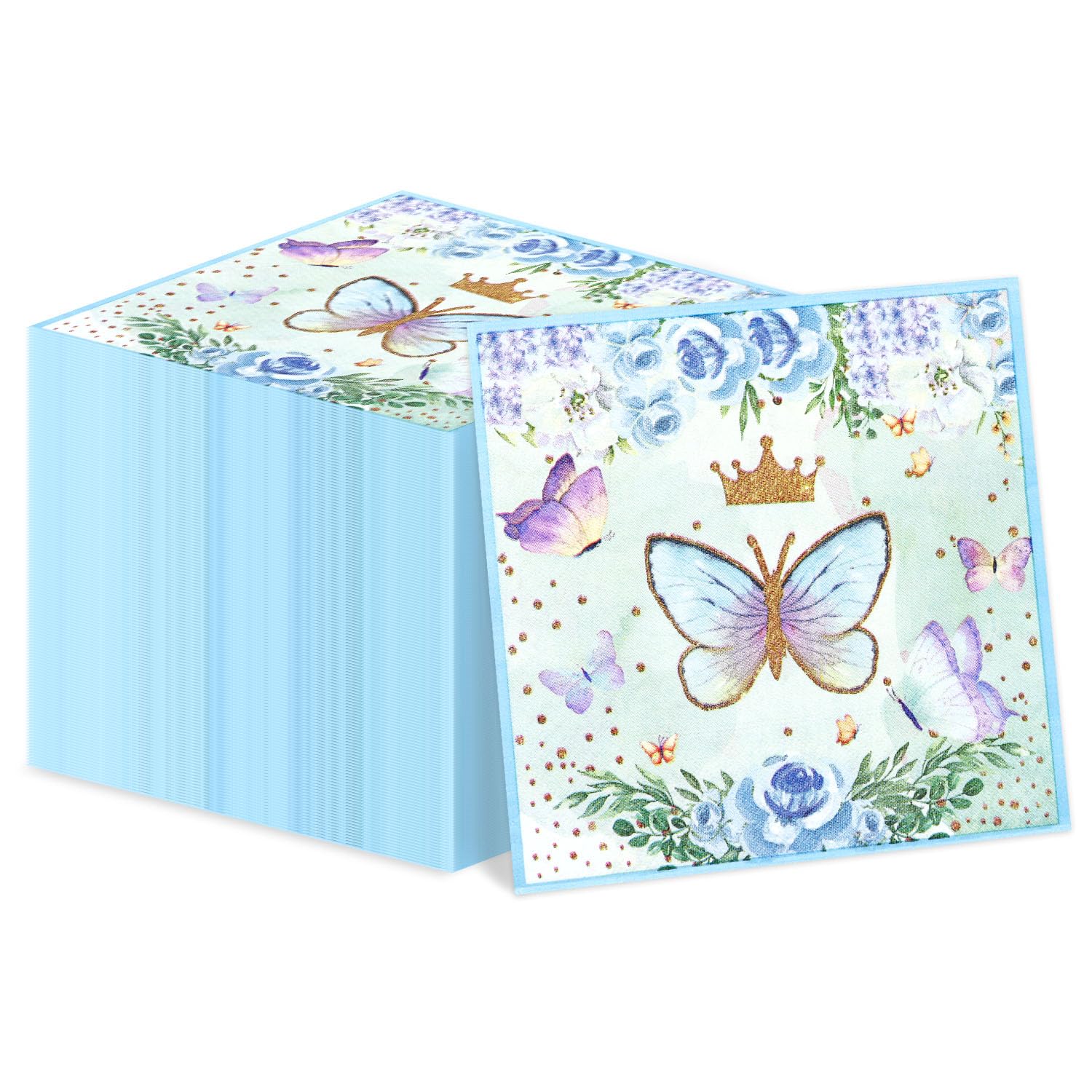 100Pcs Butterfly Napkins, 13 x 13 Inches Blue Floral Paper Napkins, Spring Flower Party Napkins, Decorative Paper Napkins for Wedding Floral Spring Butterfly Birthday Decorations-New Condition