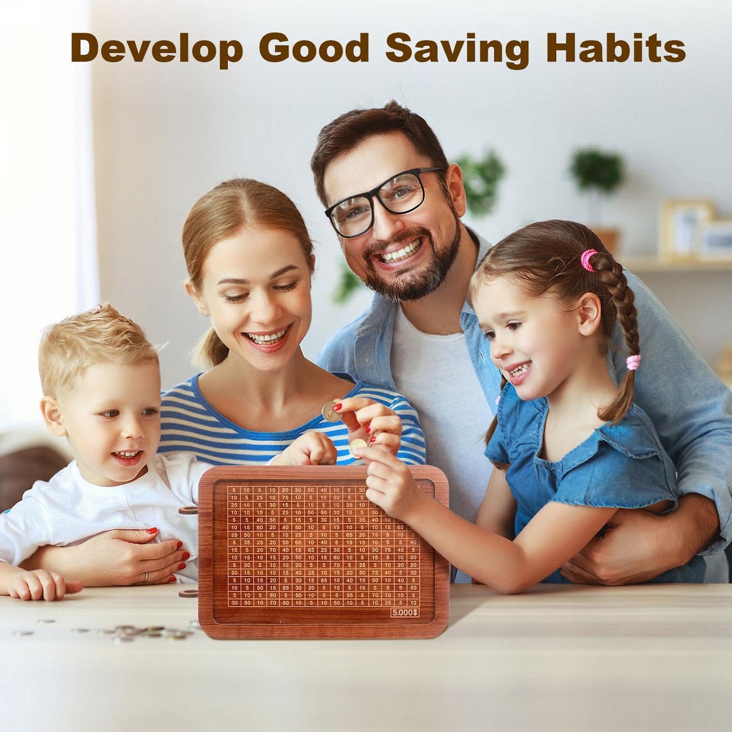 Wooden Piggy Bank Wooden Coin Bank For Adults Kids Money Saving Box With 5000 Dollars Target 5K Savings Challenge Box For Girls