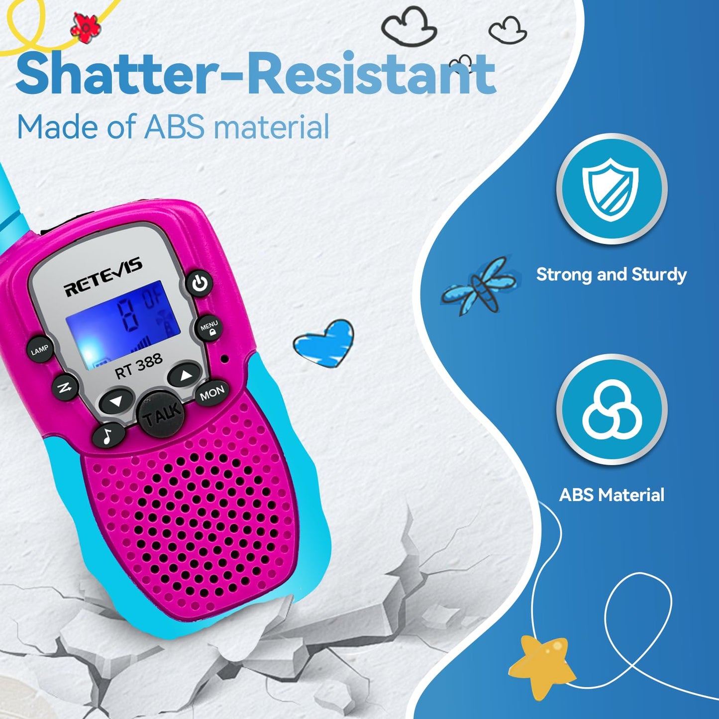 Retevis RT388 Kids Walkie Talkies - 2 Way Radio, 22 CH, Clear Sound, Flashlight, Blue Pink, Toys for 6-12 Year Olds, Outdoor Games