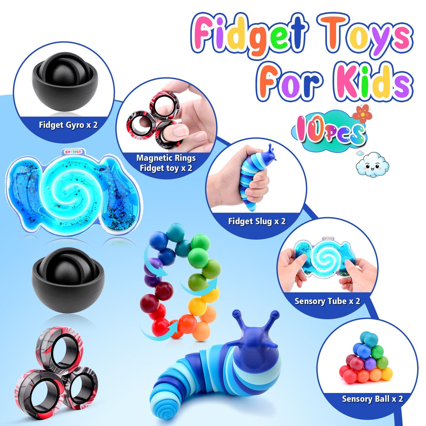 Cevioce 10Pcs Fidget Toys Adults Pack,Stocking Stuffers For Teens Boys Girls,Autism Sensory Toys With Fidget Spinner Slug Magnetic Rings,Squishy Fidget Toys Adhd Stress Relief,Party Favor For Kid-Bb
