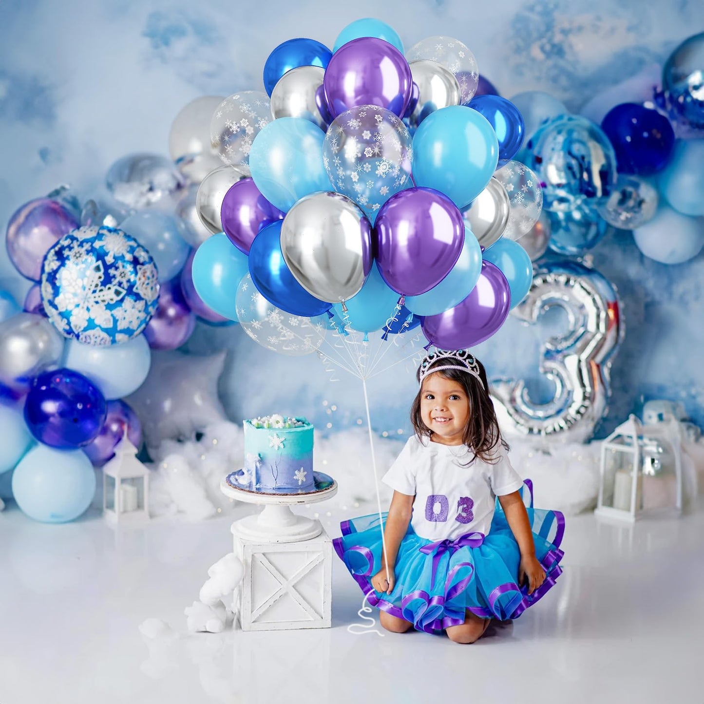Frozen Balloons, Pastel Blue Metallic Purple Silver Balloon With Snowflake Latex Balloons, Frozen Birthday Party Decorations For