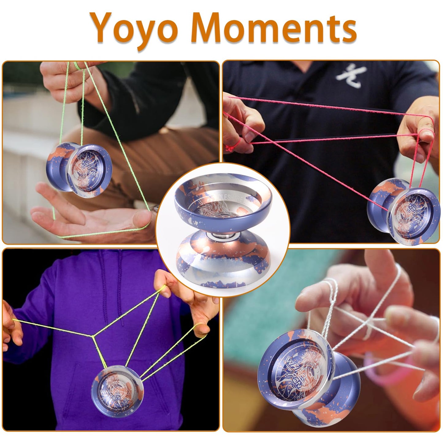 JOLESHARE Professional Unresponsive Yoyo for mature-themeds  Metal Responsive Yoyo Suitable for Beginners  Intermediate  and Advanced Players + 5 Yoyo Strings + Responsive Bearing + Glove (Orange Purple)