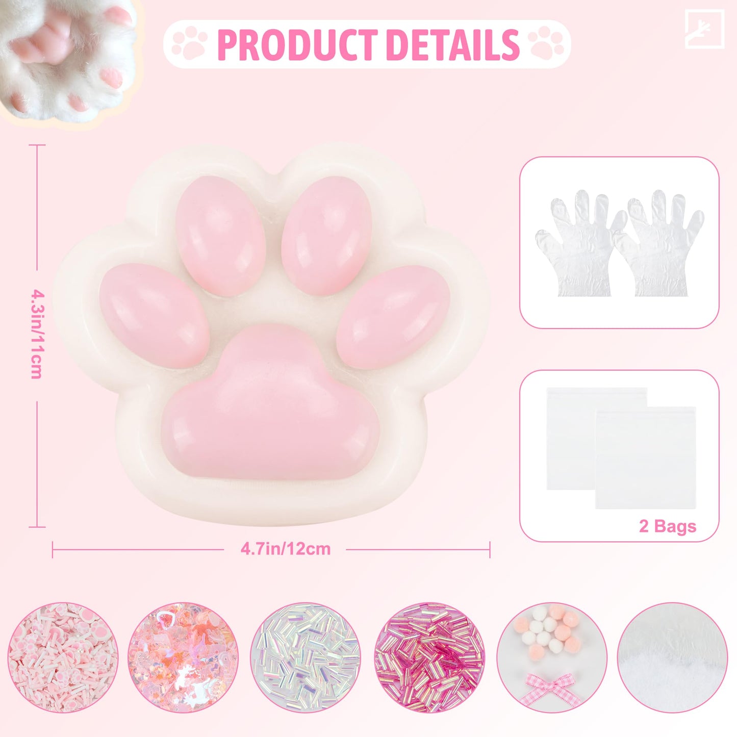 ZIFTY 4.7 Inch Large Paw Squishy Toys Big Furry Cat Paw Taba Squishy Squeeze Toys Stress Relieving Fidget Toy Sensory Toys for mature-themeds with DIY Accessories (Pink)