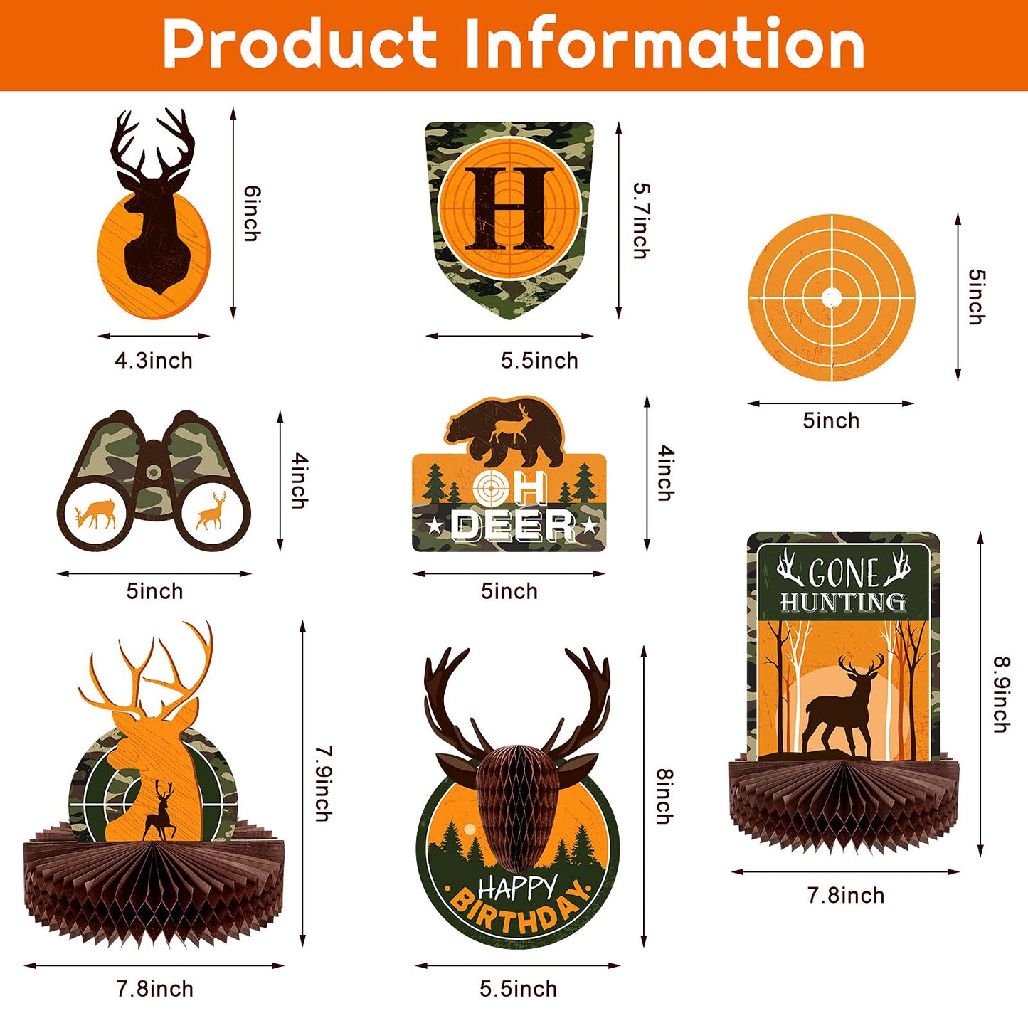 Tatuo 16 Pcs Camo Deer Hunting Birthday Party Decorations - Orange Paper Set with Banner & Centerpieces