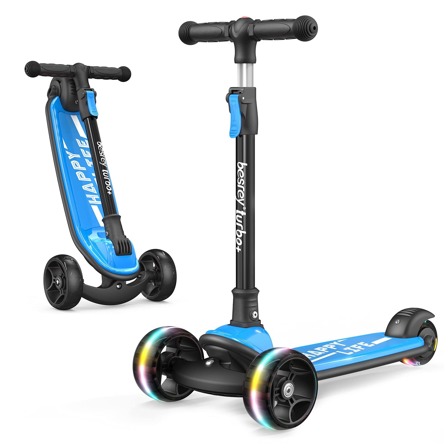 Besrey Kick Scooter For Kids Ages 3-10, 3 Wheel Scooter For Kids With Adjustable Height, Folding Kids Scooter With Led Light Wheels Rear Brak Extra Wide Deck Outdoor Activities For Boys/Girls