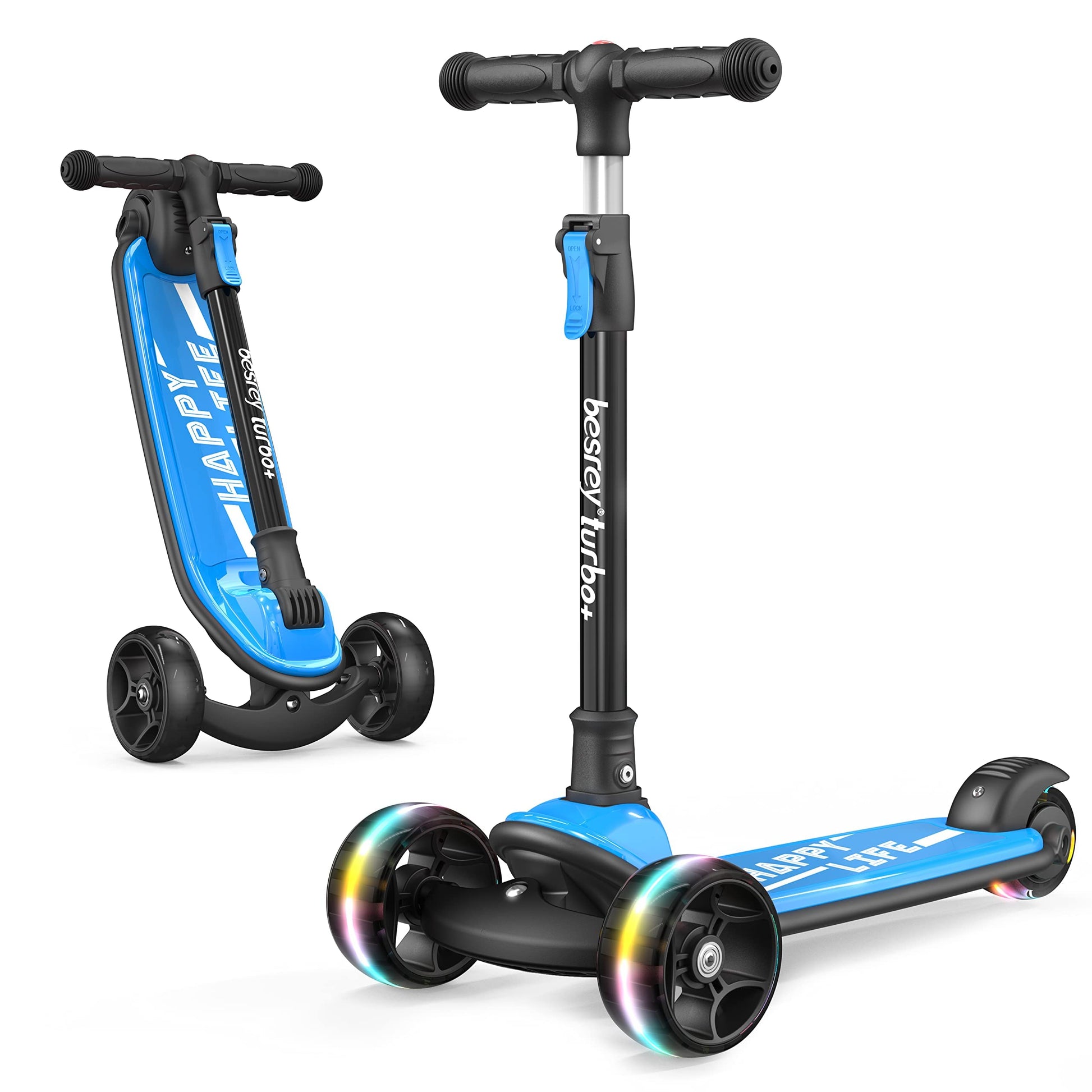 Besrey Kick Scooter For Kids Ages 3-10, 3 Wheel Scooter For Kids With Adjustable Height, Folding Kids Scooter With Led Light Wheels Rear Brak Extra Wide Deck Outdoor Activities For Boys/Girls