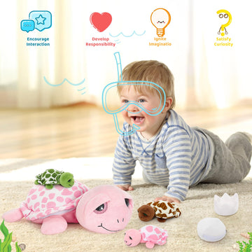 Morismos Sea Turtle Stuffed Animal With Babies,14 In Mommy Turtle With 3 Baby Turtles Plush, 2 Eggs Plushies Inside Belly Pouch,Big-Eyed Turtle Toys For Toddlers Kids,Pink Turtle Gifts For Girls Boys