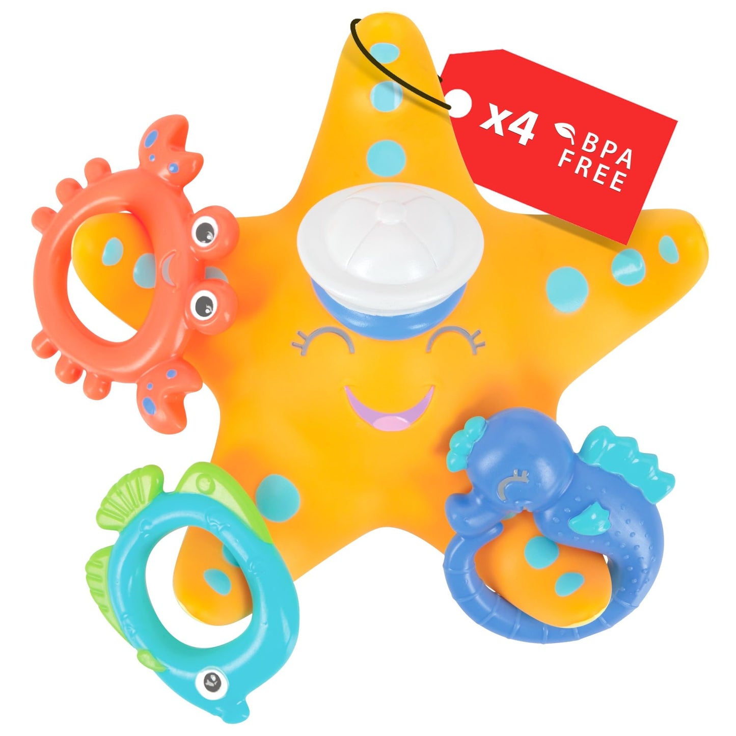 Nuby Starfish Ring Toss Bath Toy, Includes 3 Toss Rings (Crabfish, Tropical Fish And Seahorse)