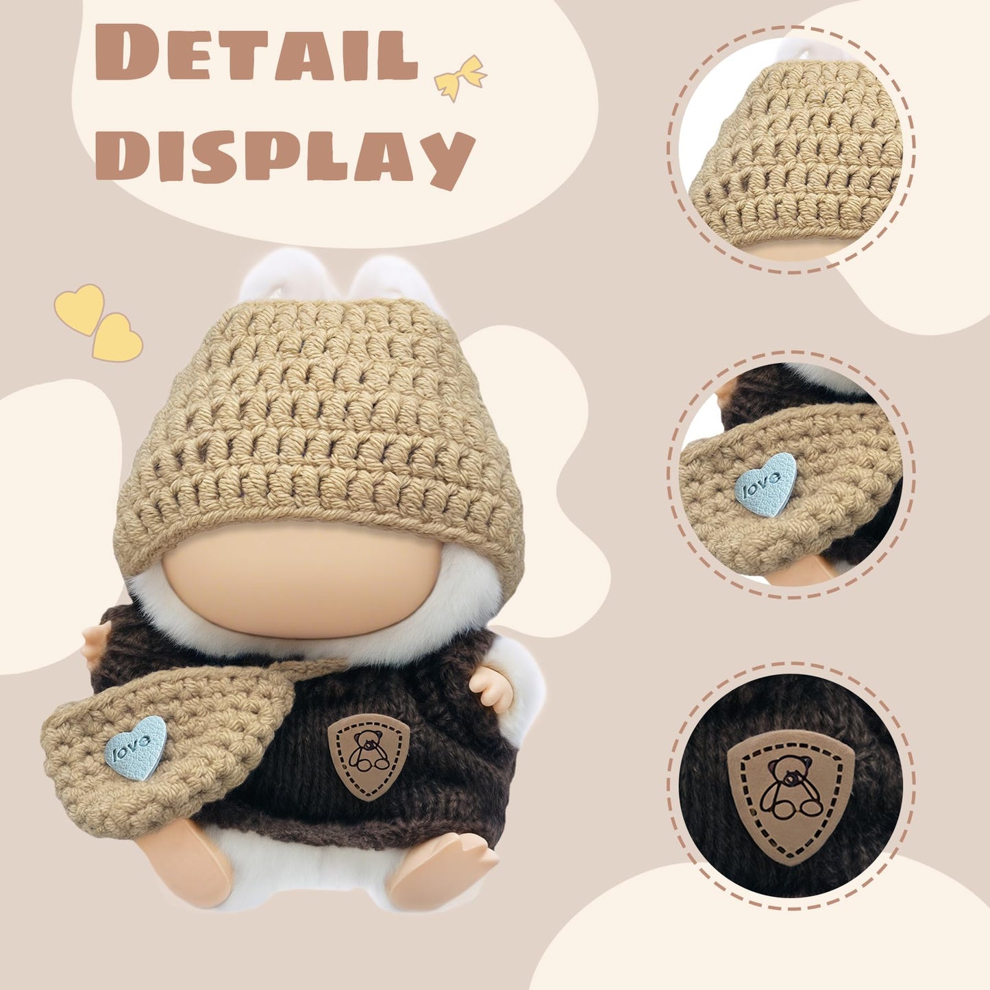 17cm Doll Clothes for Labubu (NO Doll) - Kawaii Chic Style Set for 17cm Dolls  Handcrafted Crochet Dolls Outfit with Accessories - Khaki Wool Hat + Brown Romper + Khaki Bag (Brown)