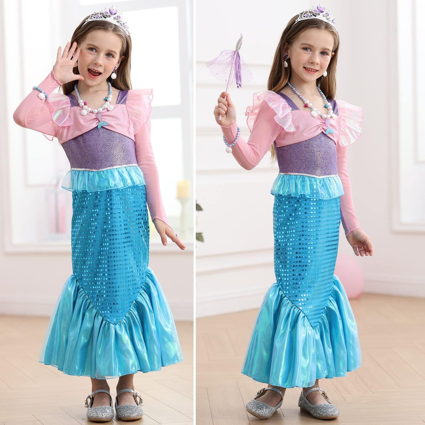 Luzlen Little Girls Mermaid Princess Costume Party Dress For Toddler Kids Baby Halloween Dress Up, 5-6 Years(Tag 130)
