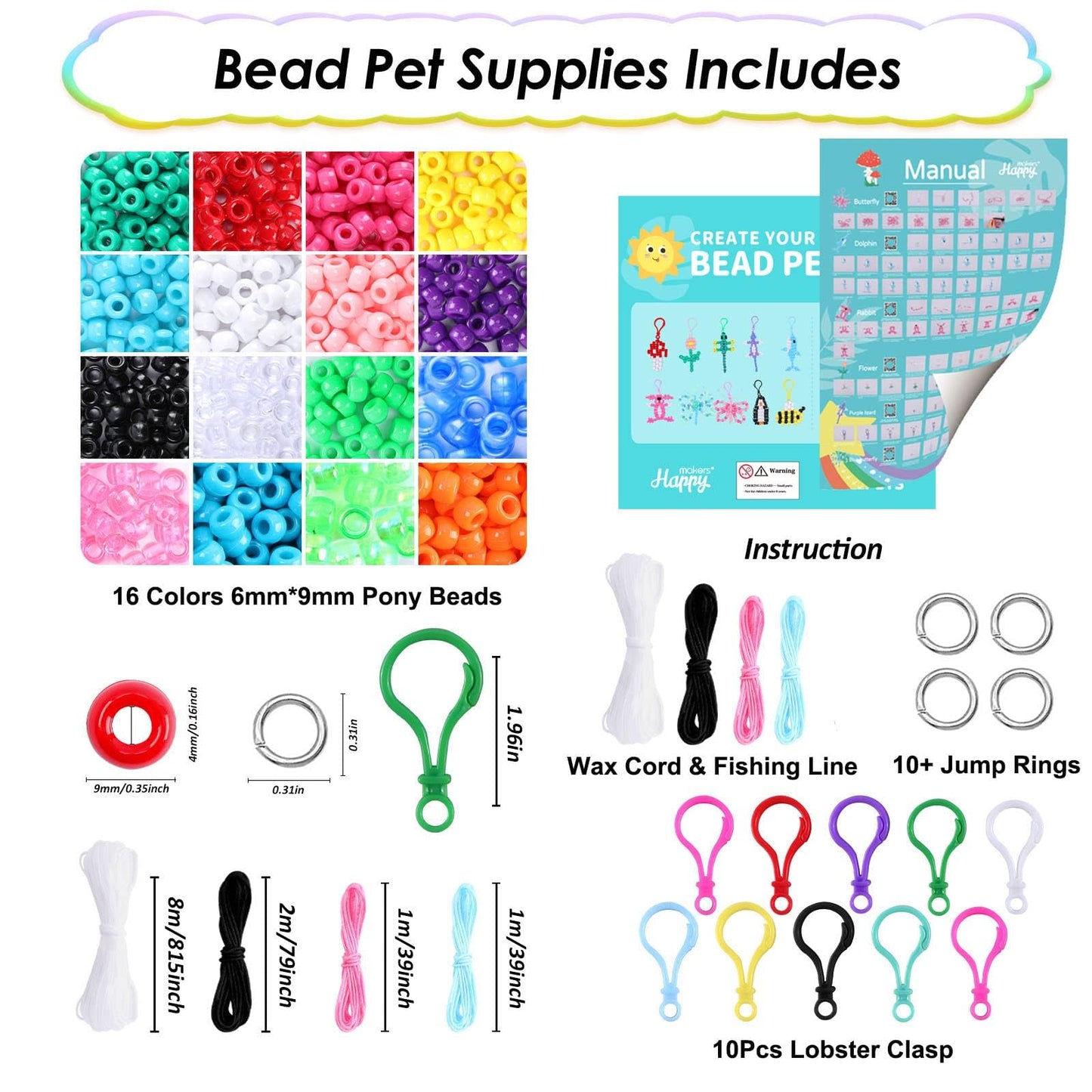 Happy Makers Bead Pets, Pony Beads Multicolor Animals Keychain Making Kit With Instruction, Keyring & Key Clasp, Ultimate Bead P
