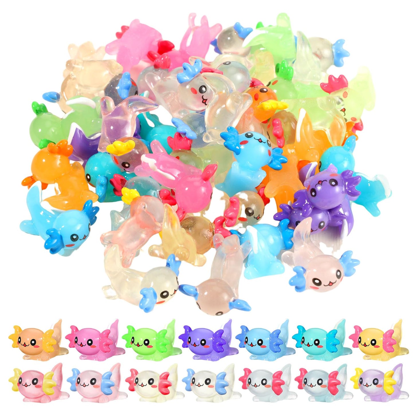 Sonwyoung Mini Axolotl Figures - 49 Pcs, 14 Colors, Glow in the Dark Resin Charms for DIY Garden Dollhouse Decoration