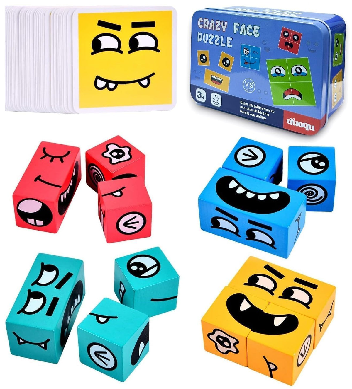 Babbles Wooden Face Changing Emoji Cube, Expression Matching Block Puzzle Toy, Educational Learning Activities With 16 Cubes For