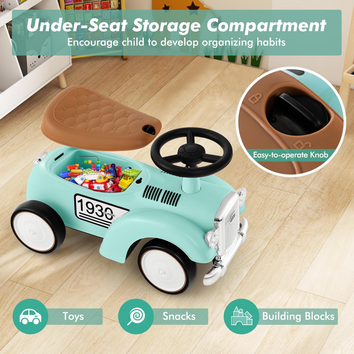 OLAKIDS Ride On Push Car, Toddler Foot-to-Floor Sliding Toy with Steering Wheel, Horn, Under Seat Storage, Kids Racer Walking Gi