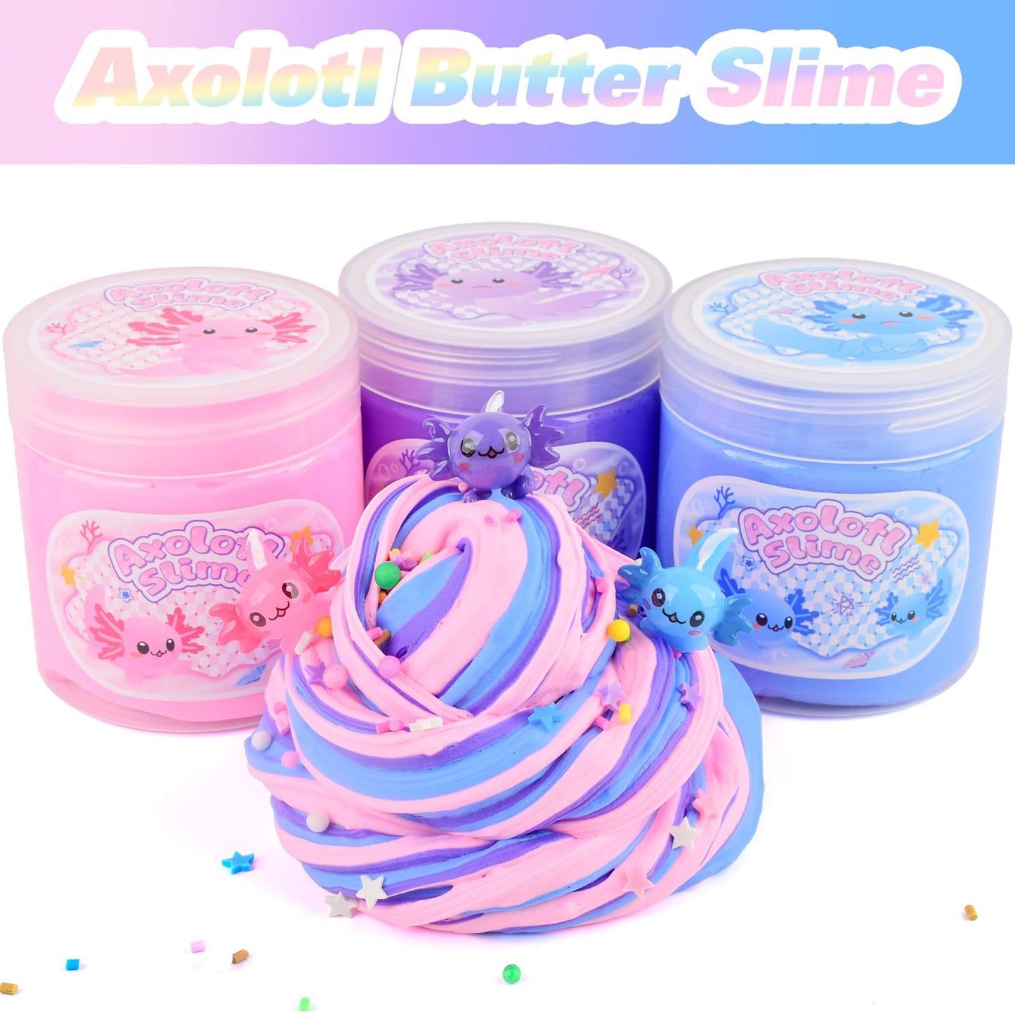 3 Pack Axolotl Butter Slime, Slime Kit with Pink, Blue, Purple Axolotl Charms, Soft and Stretchy, Slime Party Favor for Girls &