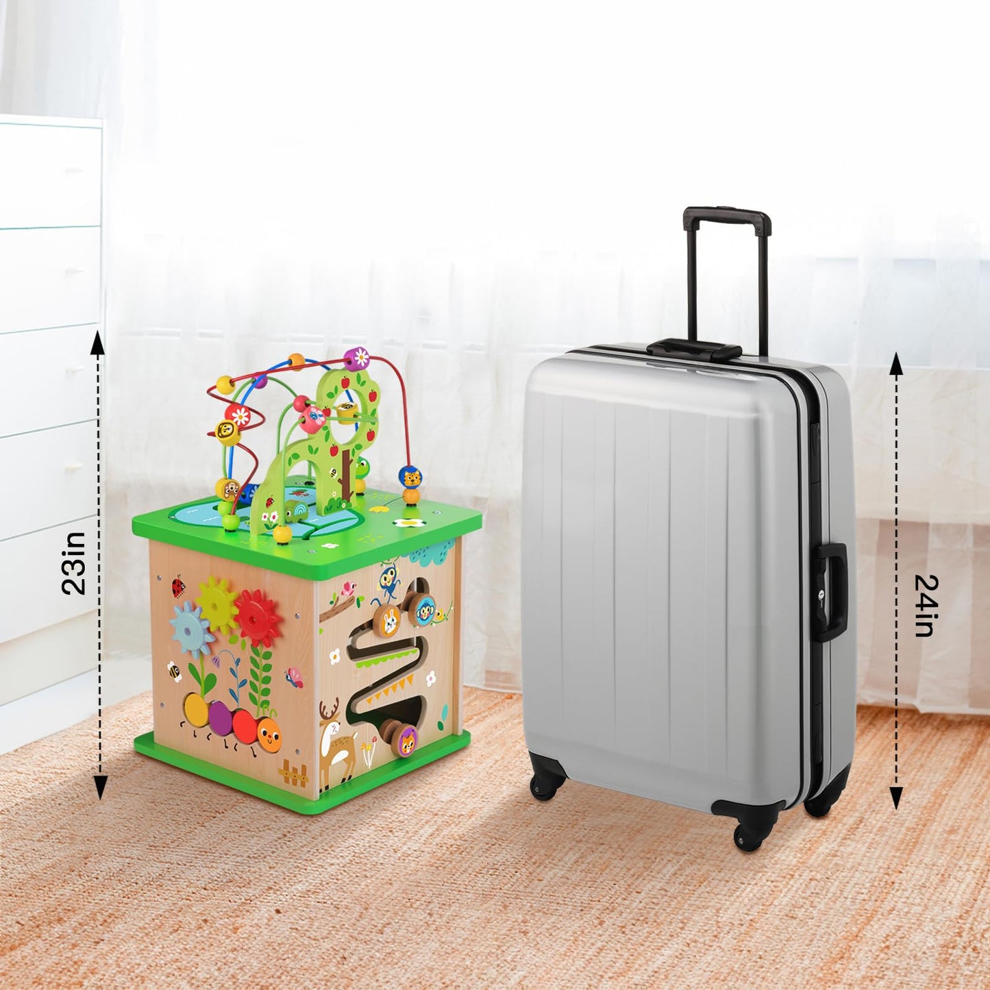 TOOKYLAND 5 in 1 Activity Center, Wooden Play Cube 23"x13"x13", Multicolored Learning Puzzle Toy for Toddlers with Animal Friends and Shapes