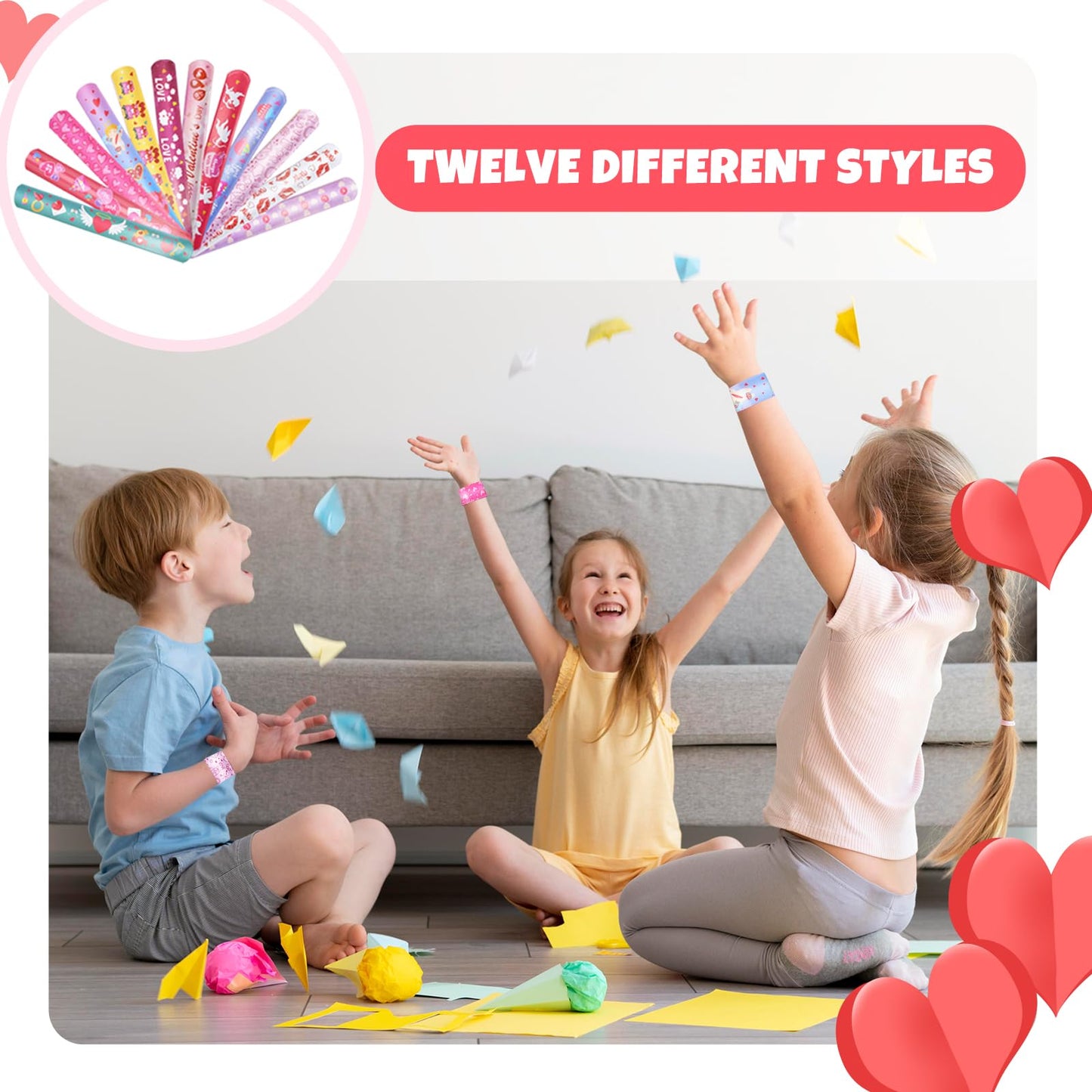 48 Pieces Valentine's Day Slap Bracelets Bulk Party Favors for Kids - 12 Designs Love and Hearts Snap Bands, Classroom Exchanges