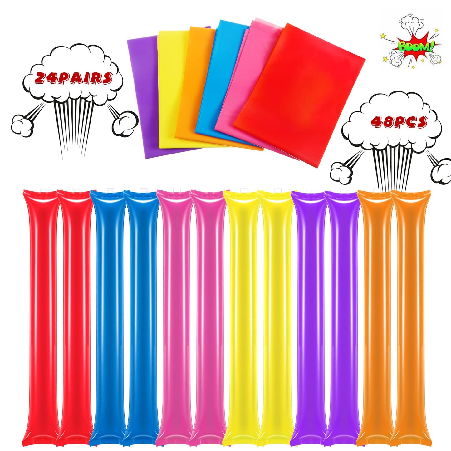 Civaner 48 Pcs Christmas Thunder Stick Team Spirit Boom Stick Cheering Stick Plastic Cheerleading Spirit Stick Clapper Inflatable Noise Maker Sports Supply(Blue, Yellow, Pink, Red, Orange, Purple)